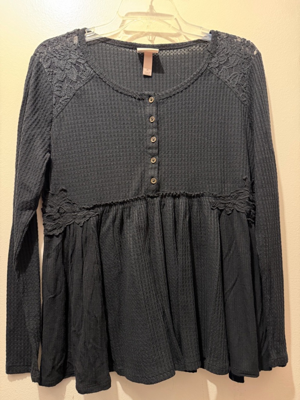 Waffle Knit Lace Yoke Peplum Henley Top - Black